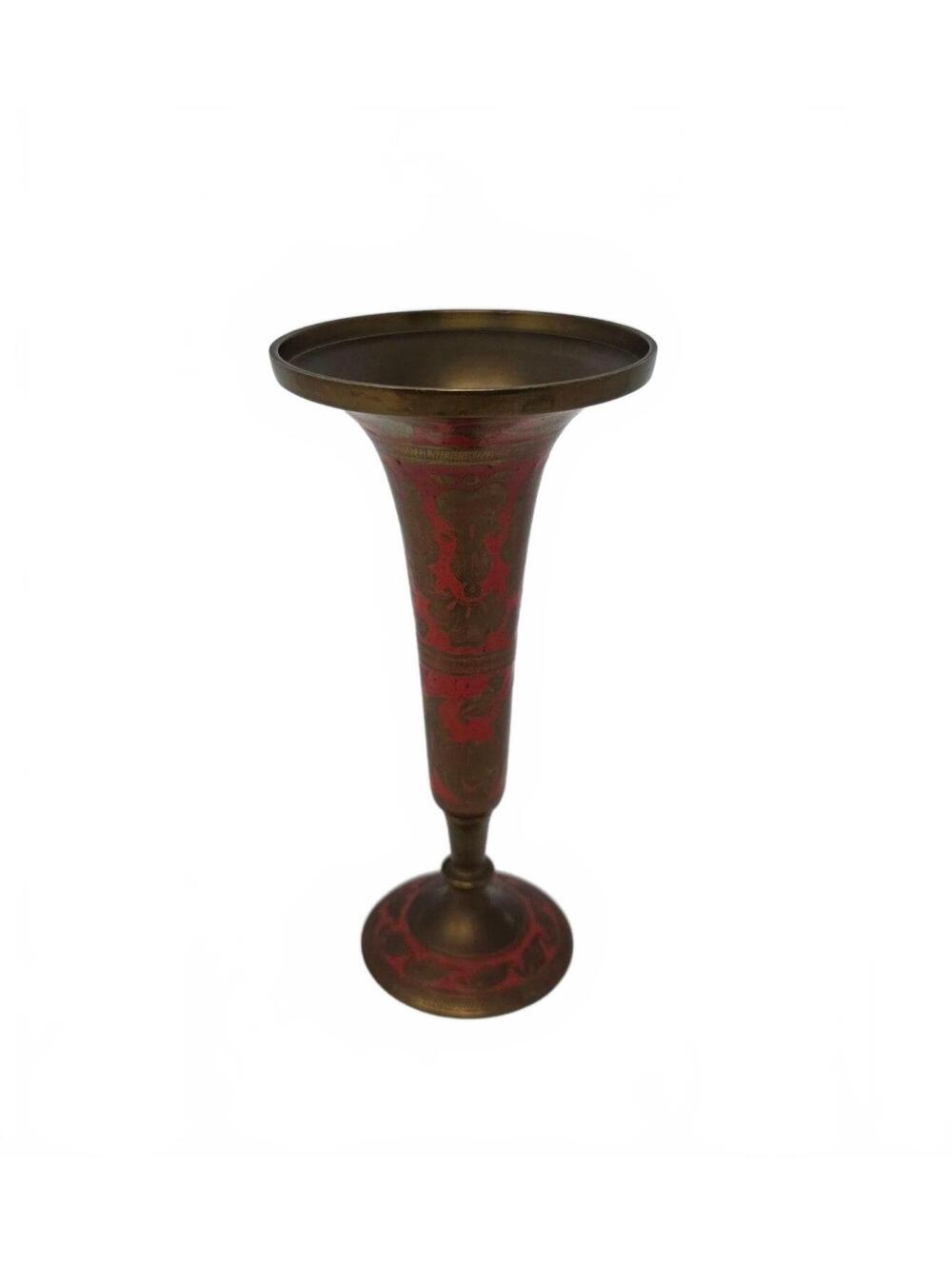 Vintage Red Enamel Brass Trumpet Vase Etched Floral Pedestal Boho Decor